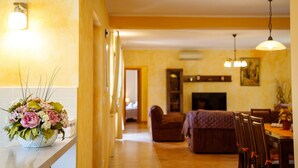 A hallway leading to a dining area with a fireplace, a sofa, and a table with chairs. - Villa Vernier (Istria - Kringa) (Kringa)