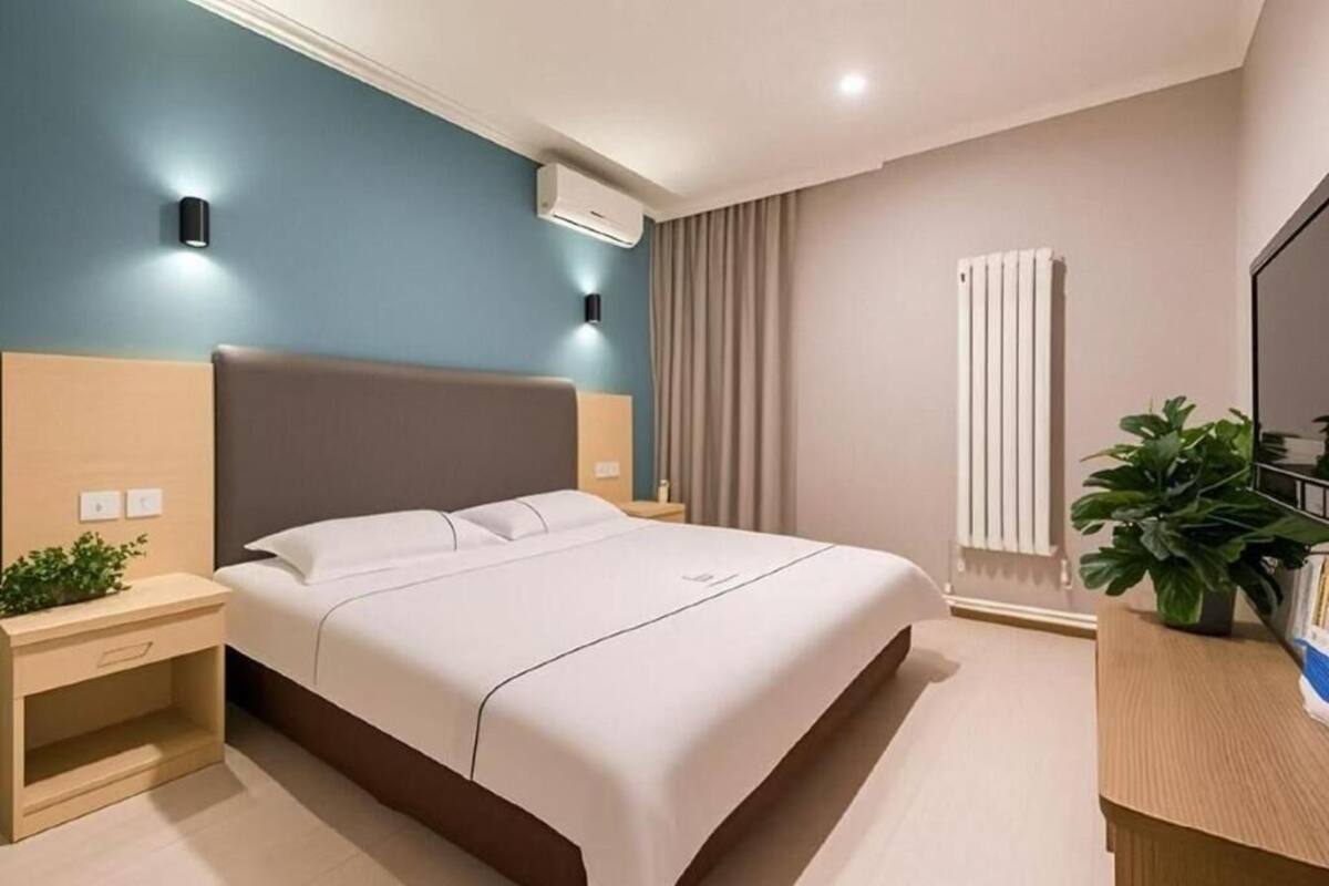 A modern hotel room with a bed, bedside tables, a plant, and a radiator.