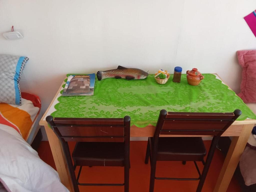 Une pièce avec une nappe en dentelle verte, deux chaises en bois, une décoration en forme de poisson, un livre sur Minecraft, un panier de collations, une bouteille et un pot en argile.
