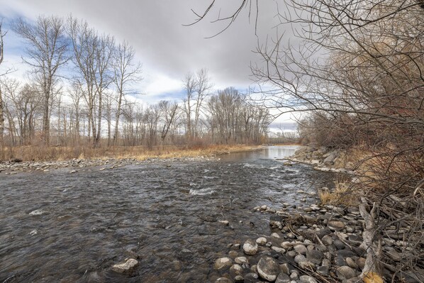 Un río con rocas y árboles.