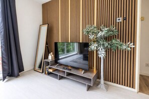 En moderne stue med et fladskærms-tv på et stativ, et stort spejl og en potteplante.