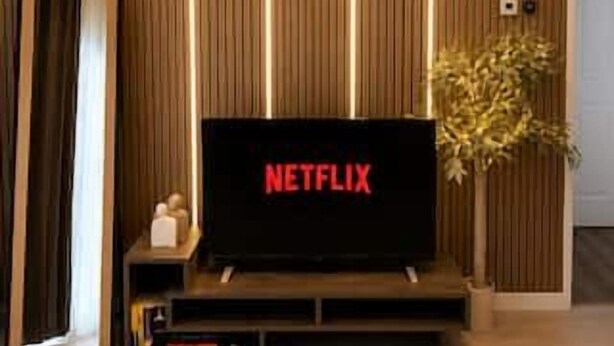 A modern living room with a flat-screen TV displaying 'NETFLIX,' a wooden wall with vertical lines, a potted plant, and a small table with a candle.