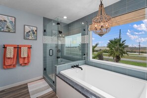 Shower, towels - Modern 3BR Galveston with Fire Pit & Private Pool & Jacuzzi | Mins to the Beach (Galveston)