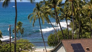 A coastal view with palm trees, a beach, and a house with a solar panel. - Kona Alii 711 - Oceanfront Kona Penthouse w/ AC | Walk to Town (Kailua Kona)
