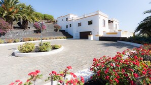 A white building with a driveway, palm trees, and red flowers. - Bellavista private heated pool and sauna (Valles, Los)