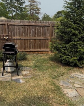 A backyard with a wooden fence, a grill, and a coniferous tree.