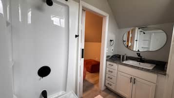 Hair dryer, towels, soap, toilet paper