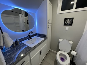 Hair dryer, towels, soap, toilet paper
