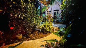 A well-lit garden area with various plants and a pathway leading to a building. - Ama Eco Lodge (WPRH+9G Sigiriya)