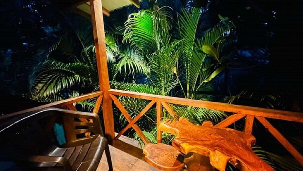 A wooden deck with a chair and a table, surrounded by lush tropical foliage. - Ama Eco Lodge (WPRH+9G Sigiriya)