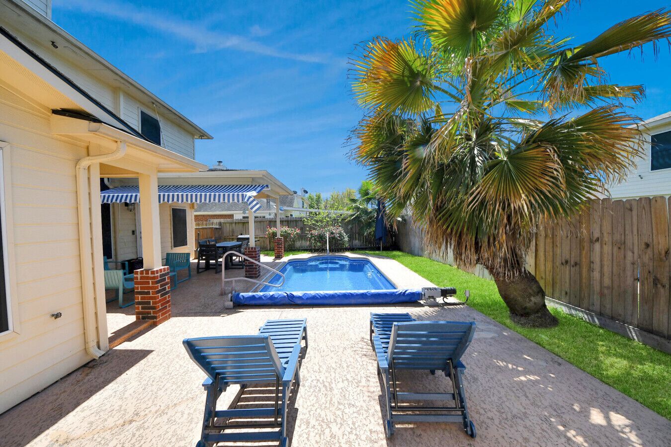 A backyard with a swimming pool, two lounge chairs, a covered patio, and a palm tree.