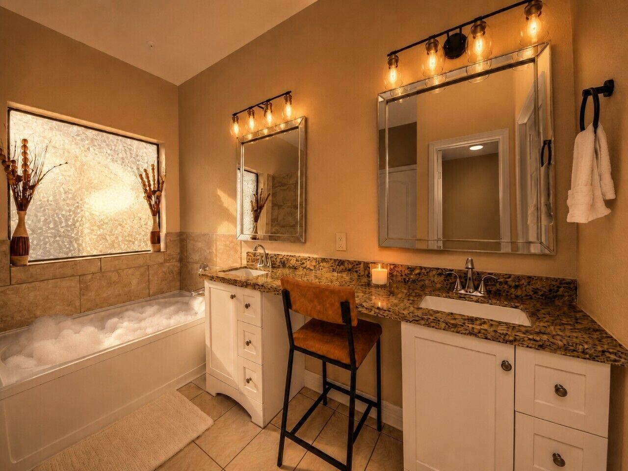 A bathroom with a bathtub, a vanity with a mirror, and a chair.