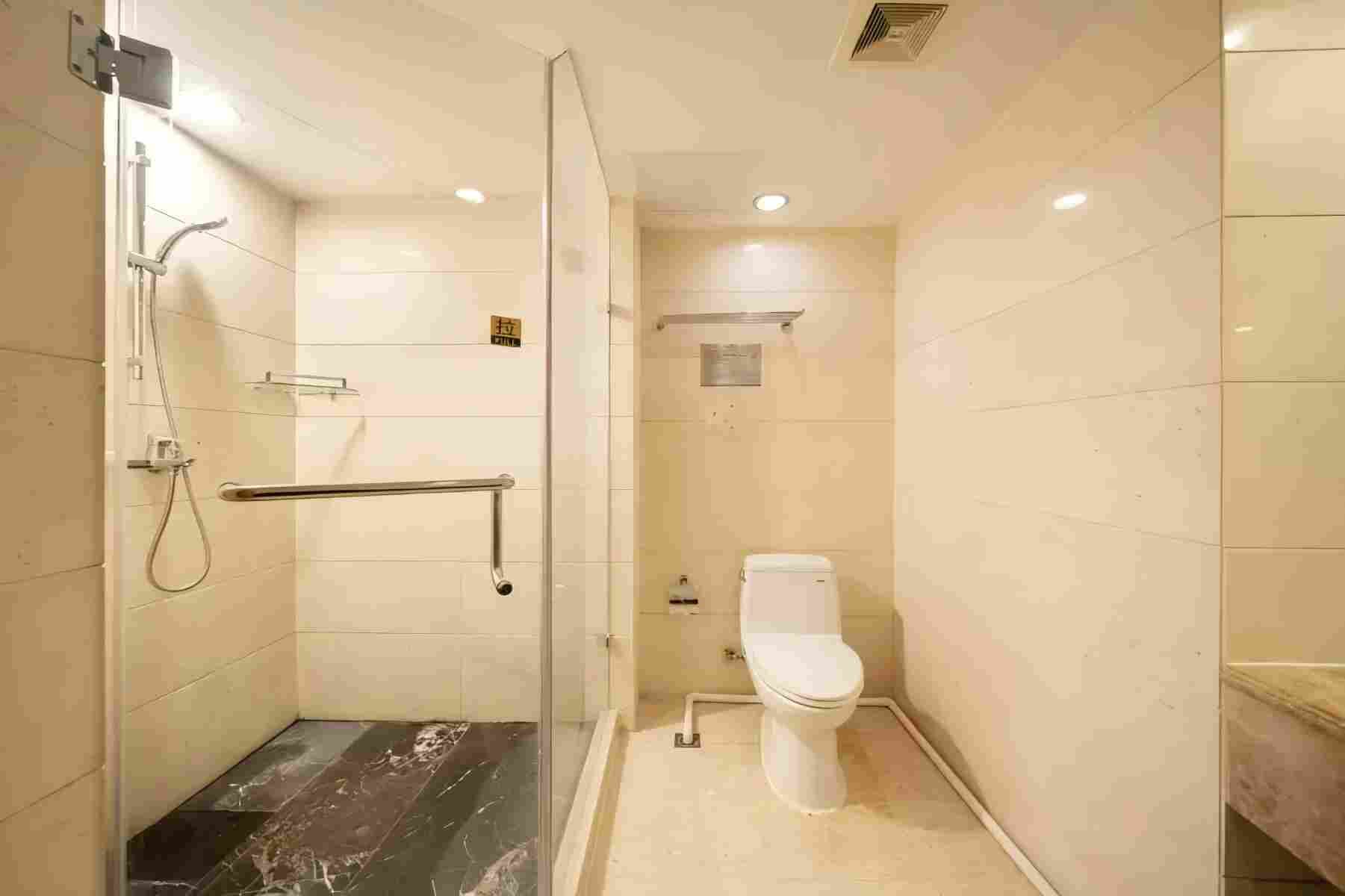 A bathroom with a glass shower enclosure, a toilet, and a handrail.