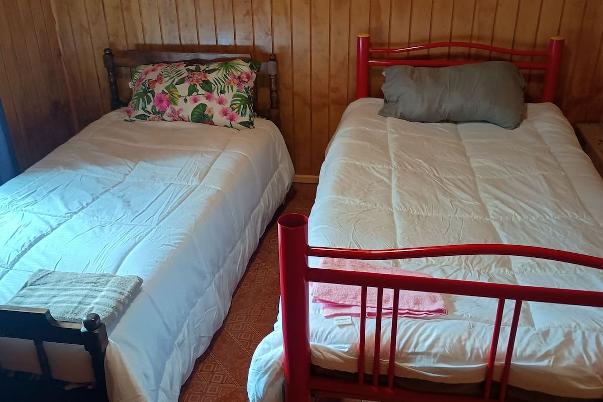 Dos camas individuales con cabeceros de madera, estructura metálica roja y un cojín estampado en una de ellas.