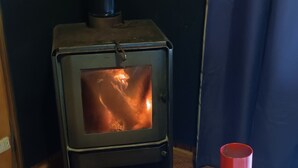 A room with a wood-burning stove, a metal railing, and a patterned floor.