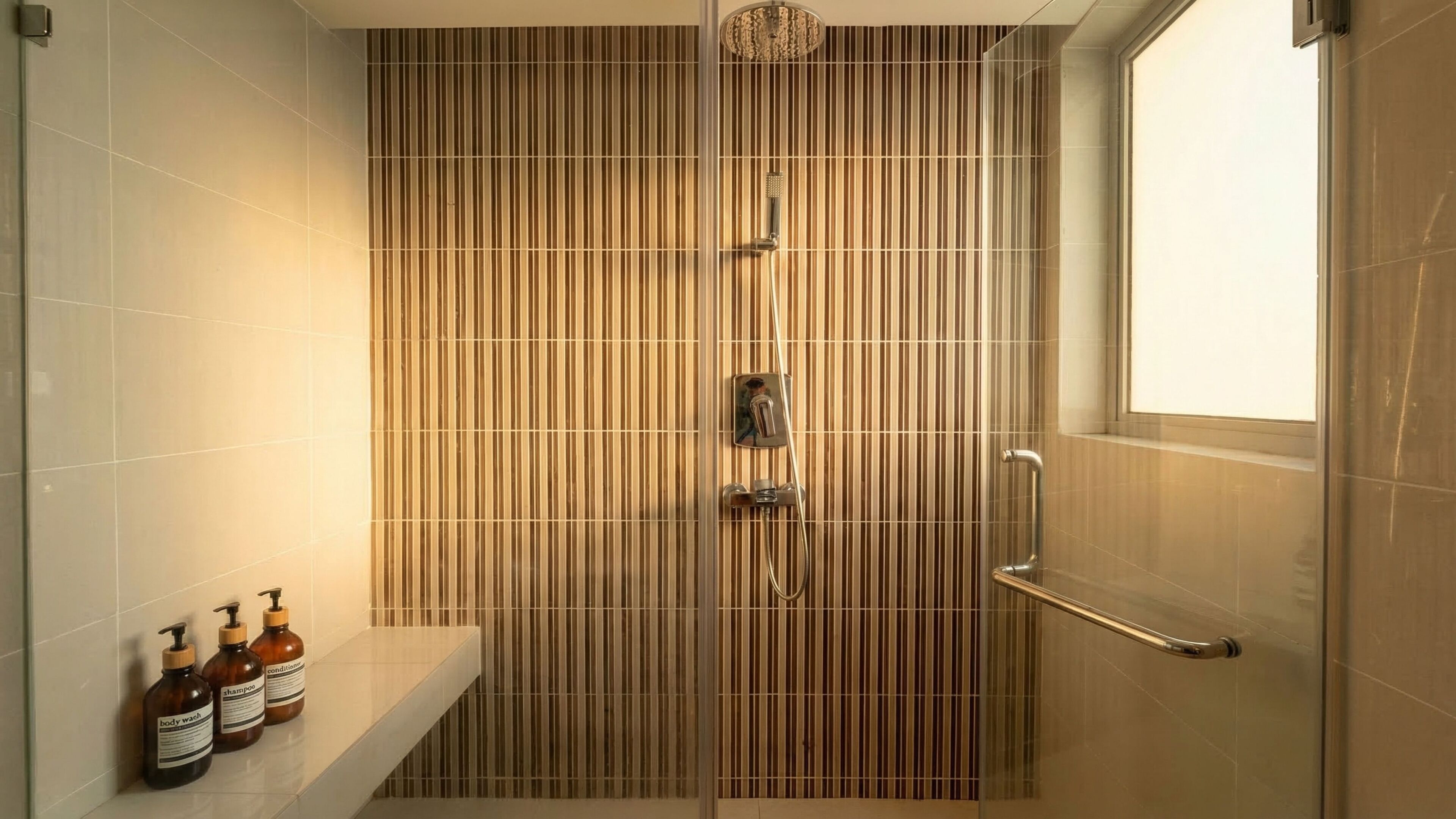 A shower with vertical wooden slats, a glass door, and a window.