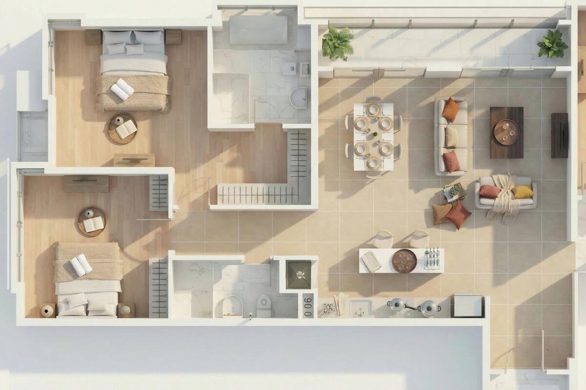 Un appartement moderne comprenant un salon, un coin repas, une cuisine et deux chambres.