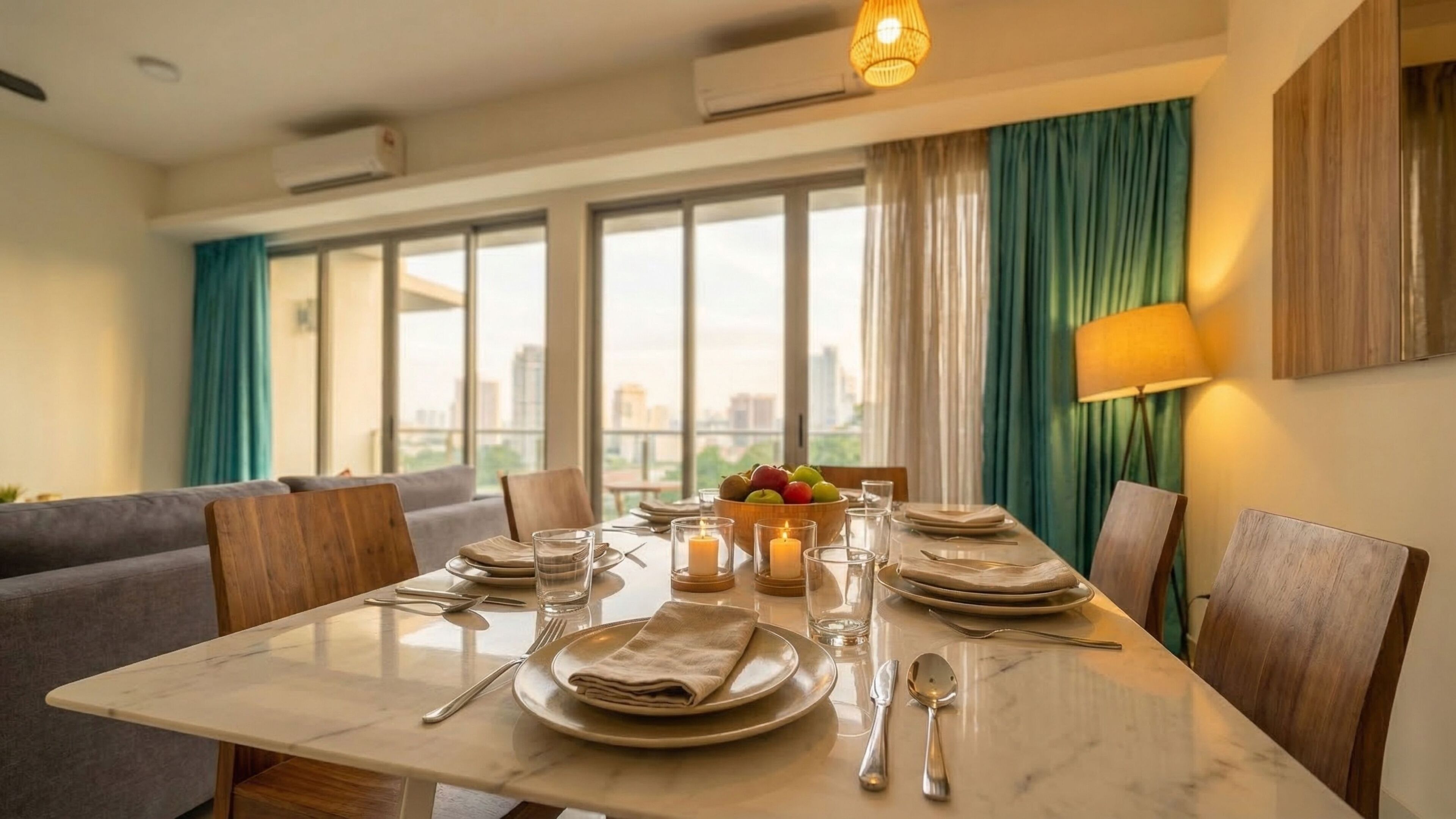 Comedor con mesa lista para cuatro personas, un frutero y vista a la ciudad a través de grandes ventanales.