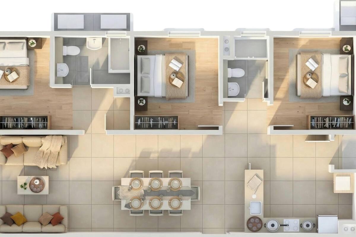 Un hôtel comprenant trois chambres, un salon, une salle à manger et une cuisine.