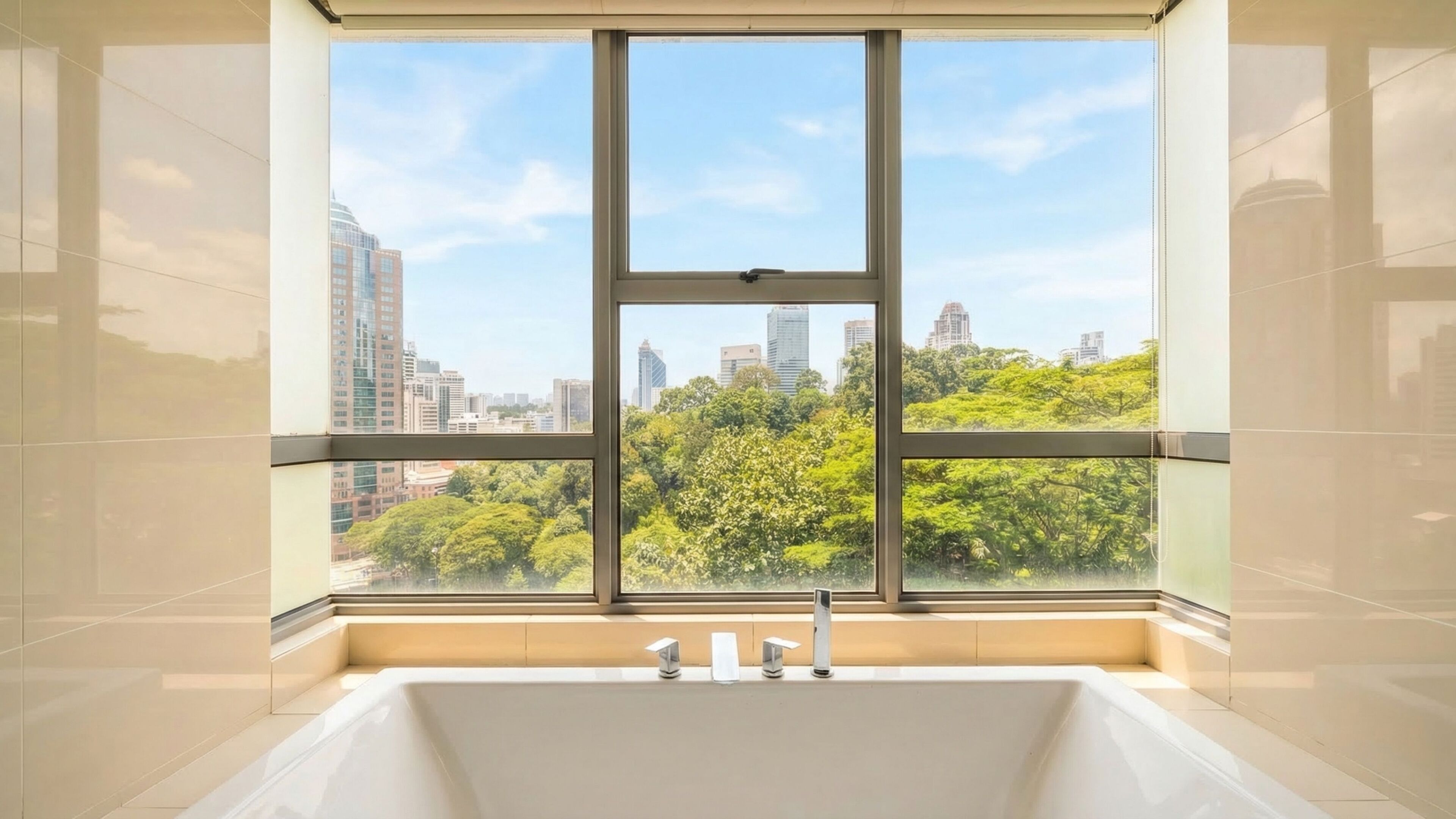 A modern bathroom with a large window, a bathtub, and a city view.