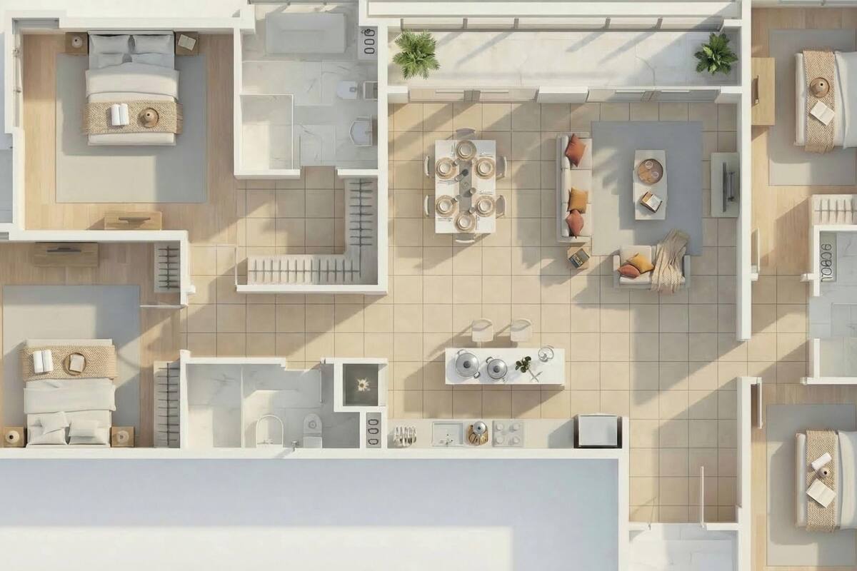 Un appartement moderne comprenant un salon, un coin repas, une cuisine, deux chambres et une salle de bain.