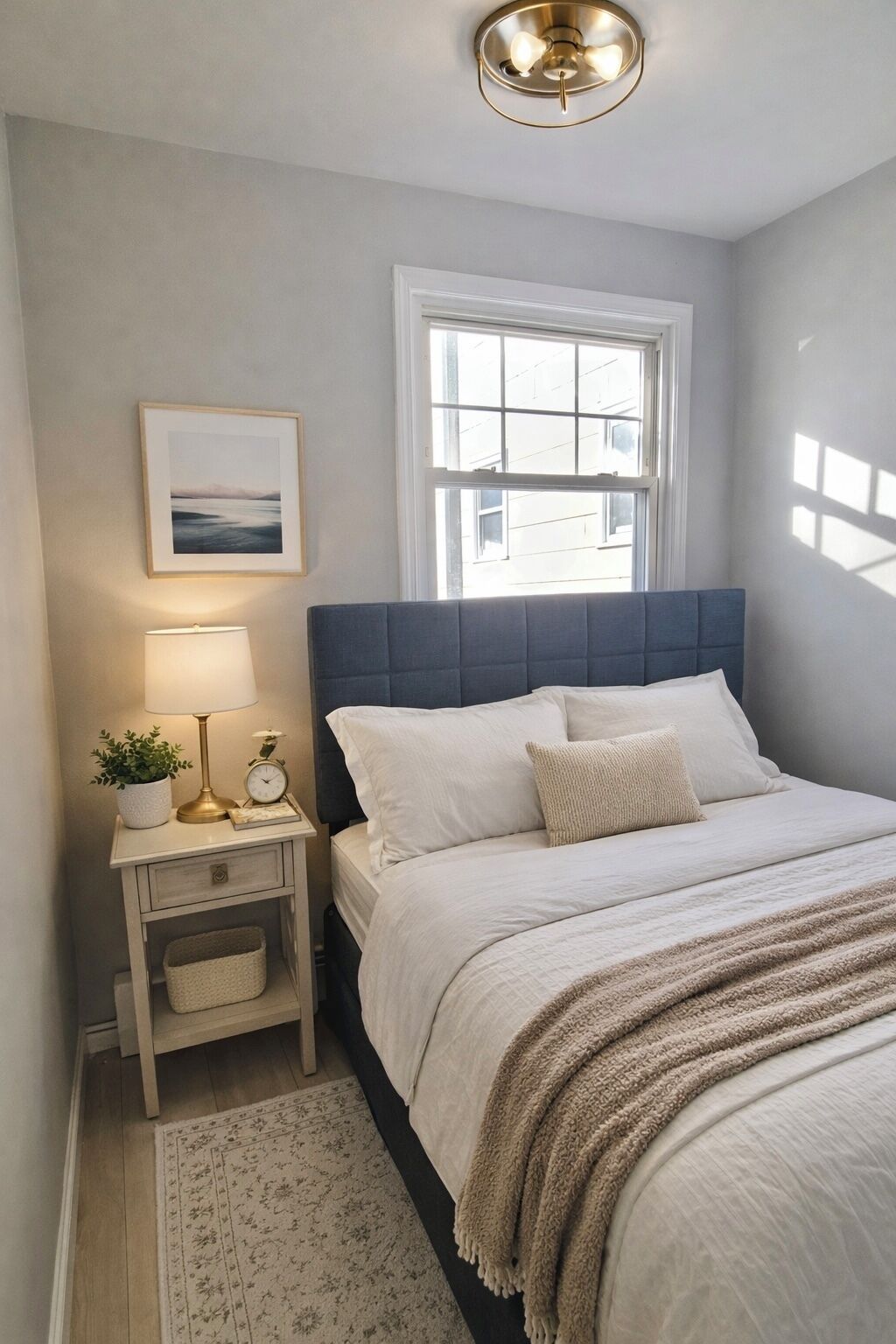 Ein Schlafzimmer mit Bett, Nachttisch, Lampe, Uhr, gerahmtem Bild, Fenster und einer Deckenleuchte.