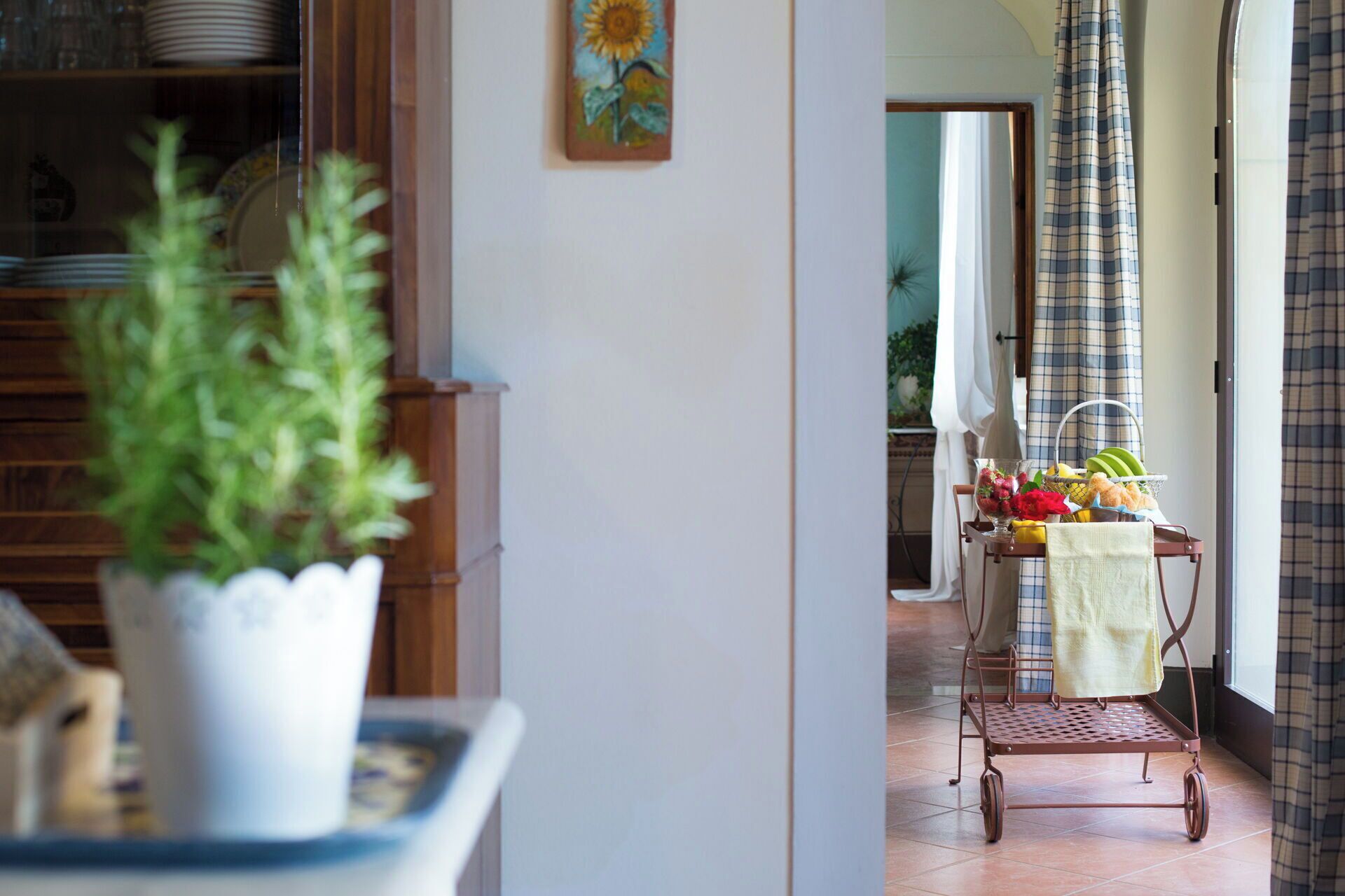 A hallway with a potted plant, a metal cart with fruits and a vase, and a door leading to another room.