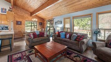 Signature Cabin, 4 Bedrooms, Hot Tub, Mountain View | Living room | 45-inch Smart TV with digital channels, fireplace, table tennis