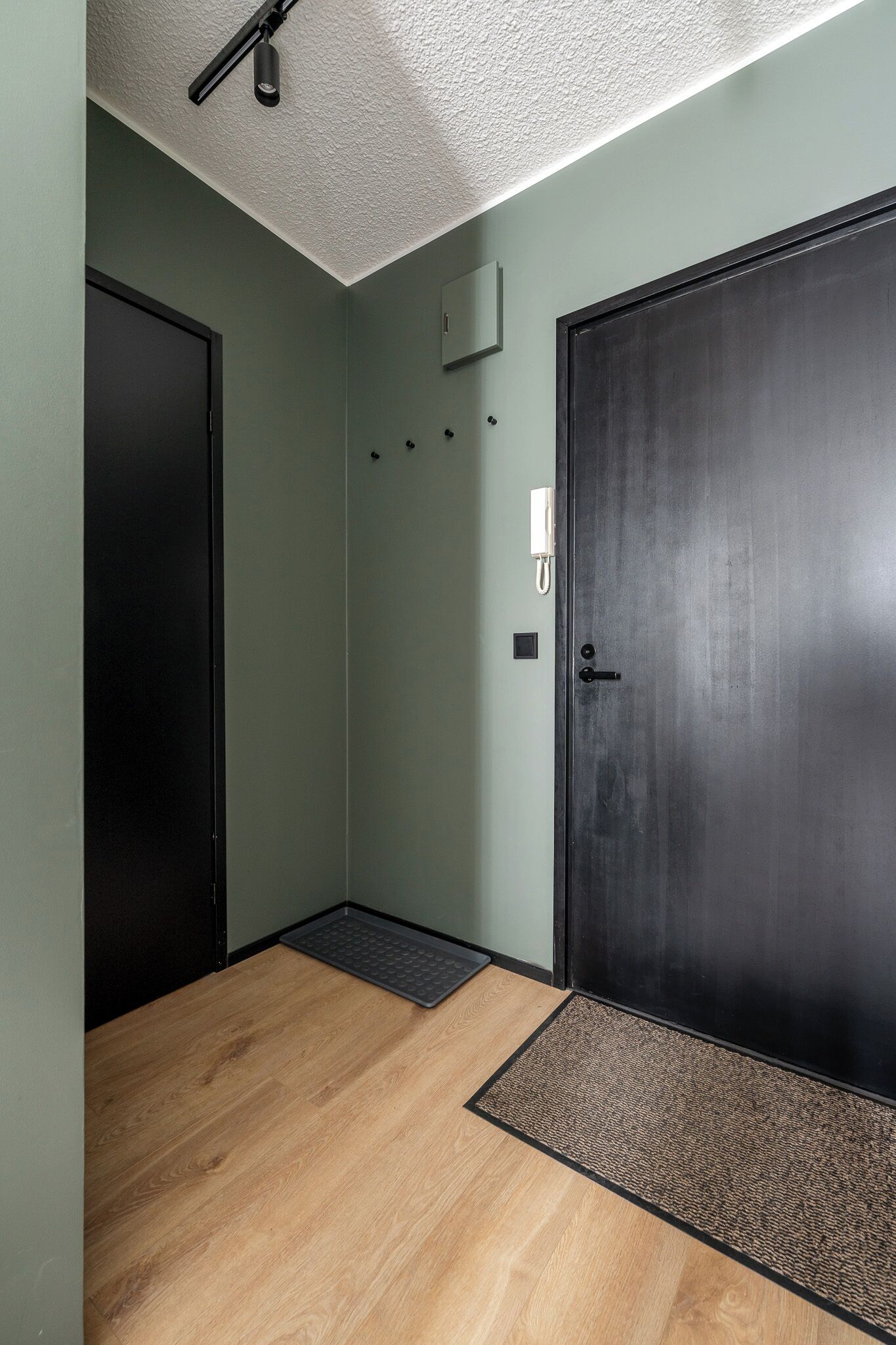 A hallway with a wooden floor, a dark door, a light switch, and a small wall-mounted device.