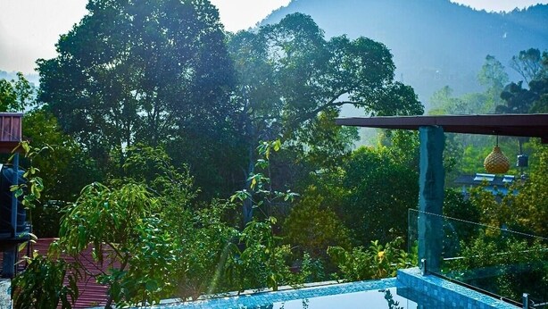Una piscina con agua cristalina azul, rodeada de un deck de madera y barandillas de metal, con vistas a árboles verdes y una montaña al fondo.
