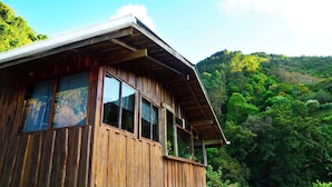 A wooden cabin with large windows, a sloped roof, and a view of a forested hillside.