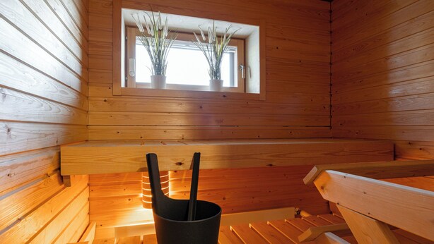 Une salle de sauna en bois, avec des bancs, une fenêtre ornée de plantes et un seau noir.