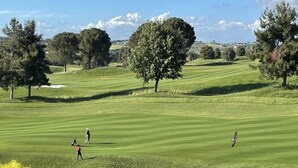 Un parcours de golf avec des collines verdoyantes, des arbres et un ciel dégagé.