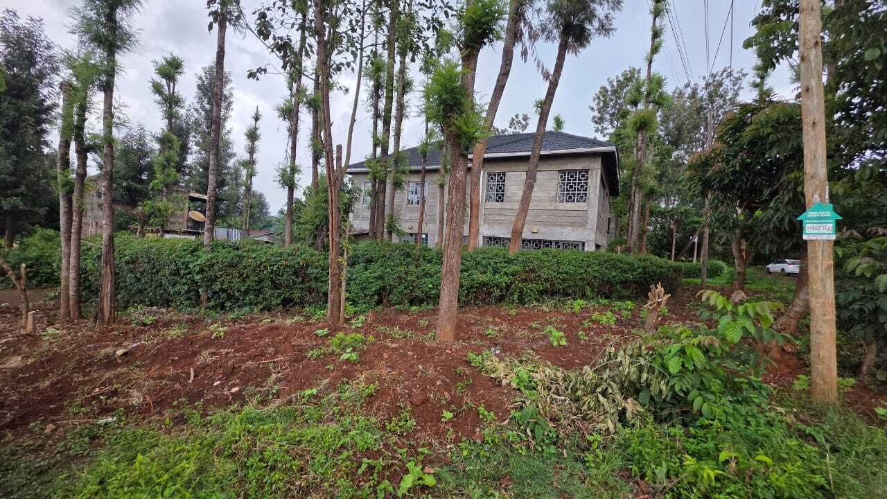 A residential area with a house surrounded by trees and a garden.