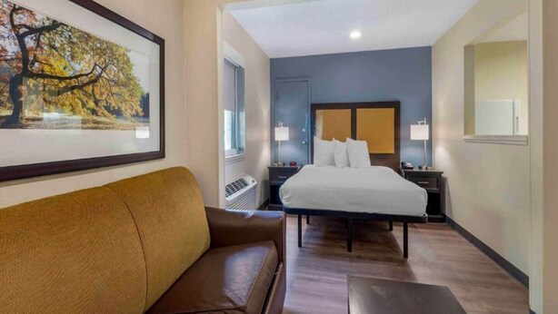 A hotel room with a bed, a nightstand, a lamp, a framed picture on the wall, and a brown leather sofa.