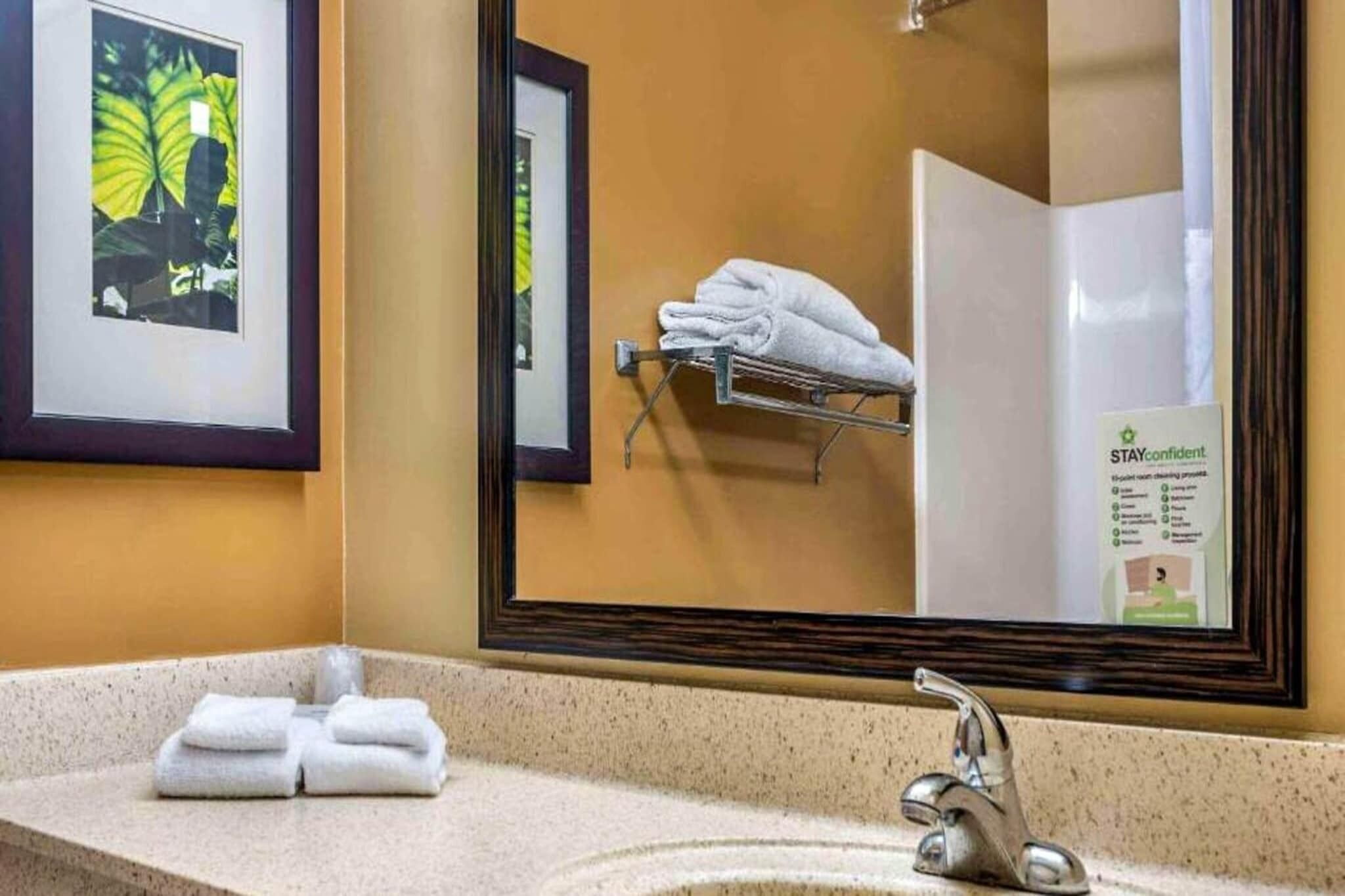 Une salle de bain avec un lavabo, un miroir, des serviettes et un tableau encadré au mur.