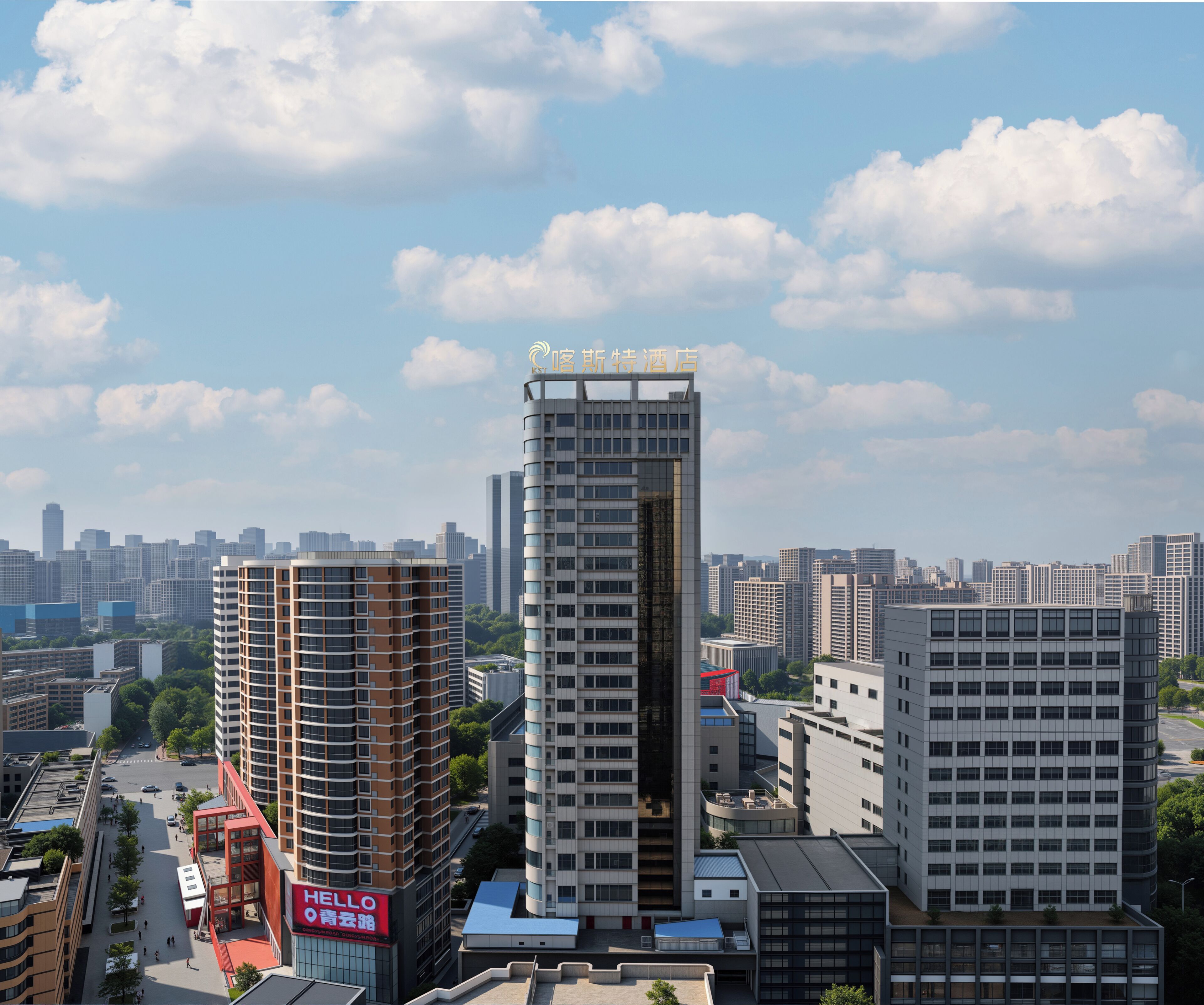 Un hotel moderno de gran altura, con una estructura vertical destacada y un techo plano.