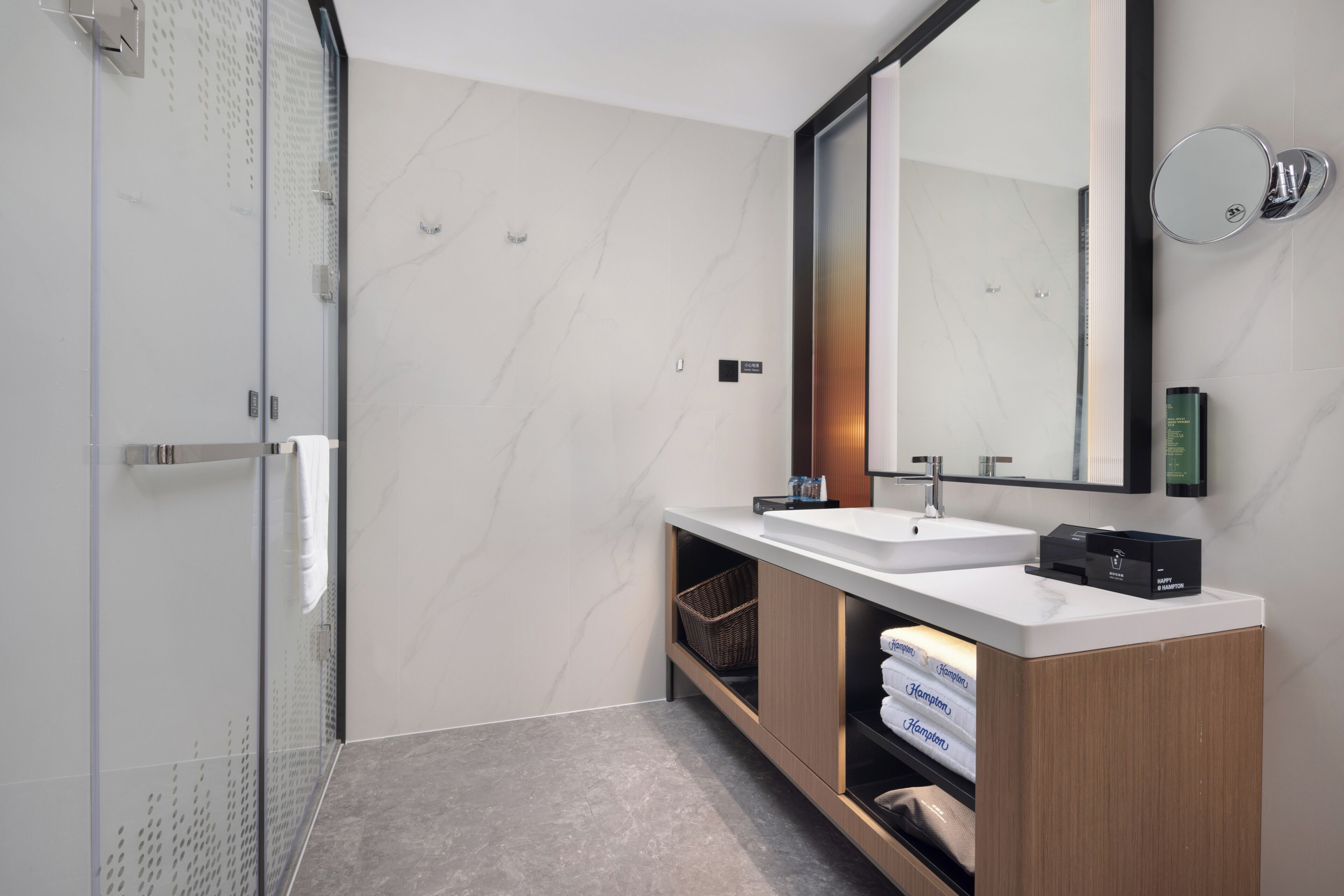 A modern bathroom with a glass shower enclosure, a white sink, and a large mirror.