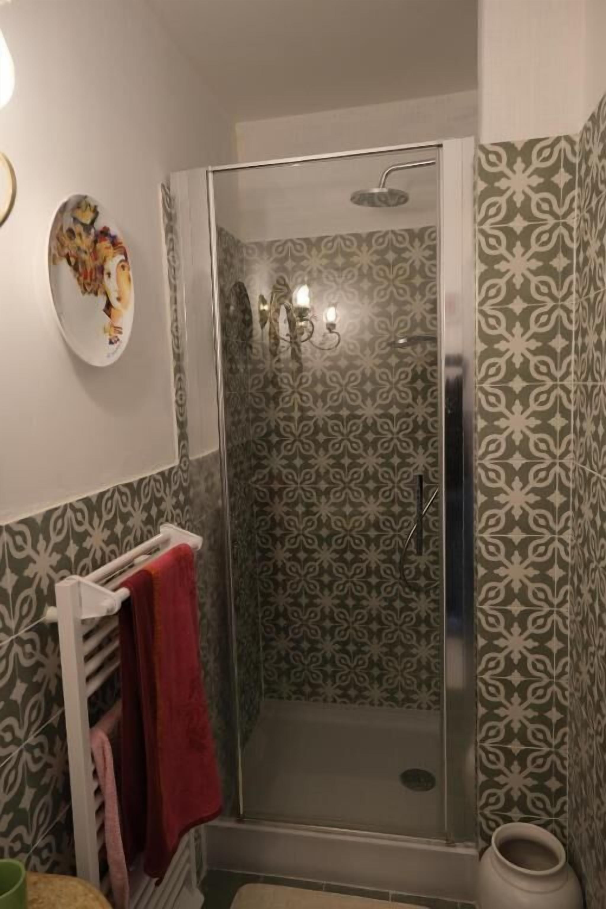 A bathroom with a shower, patterned tiles, a towel rack, and a decorative plate.