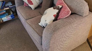 A sofa with multiple cushions, a lamp, a coffee maker, and a bookshelf with books and a board game. - Weymouth Bay Holiday Park - Holiday Accommodation 15694 (Weymouth)