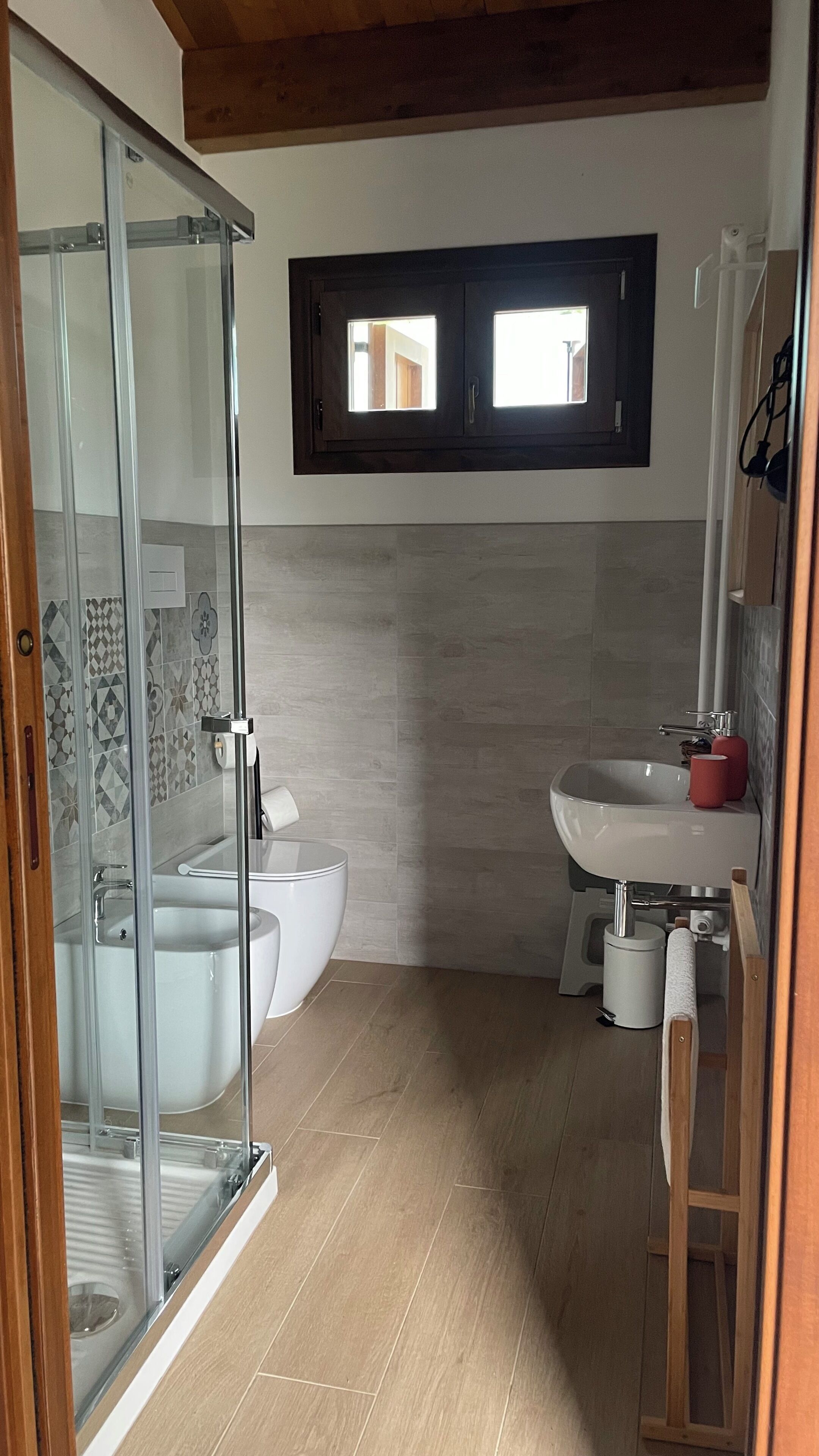Shower, hair dryer, bidet, towels