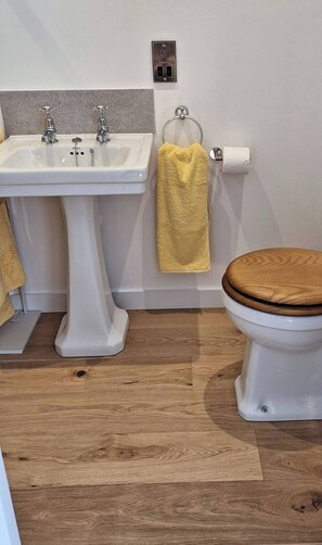 Ein Badezimmer mit Waschbecken auf Säule, Toilette und Holzboden.