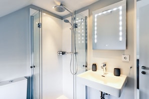 Shower, hair dryer, towels