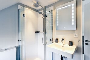 A modern bathroom with a glass-enclosed shower, a vanity with a mirror, and a toilet.
