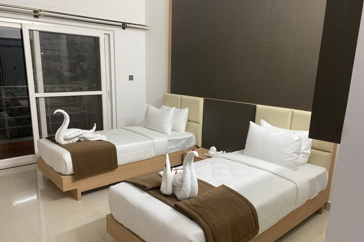 Two twin beds with white bedding and brown throw blankets, a large window with a view, and a dark accent wall.