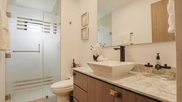Un baño moderno con cabina de ducha de vidrio, inodoro blanco, un lavabo de diseño sobre pedestal, armarios de madera y espejo sobre el lavabo.