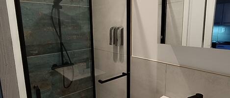 Douche, séchoir à cheveux, serviettes fournies, savon