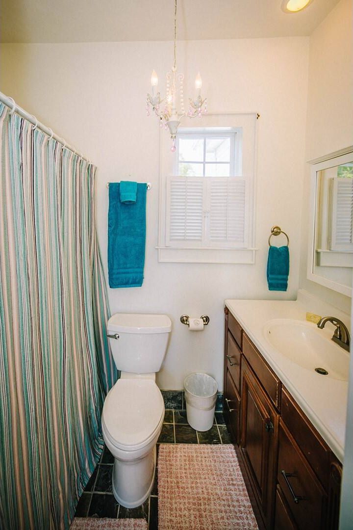 Une salle de bain équipée de toilettes, d’un lavabo et d’un rideau de douche.