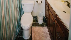 Ein Badezimmer mit Toilette, Waschbecken und Duschvorhang.