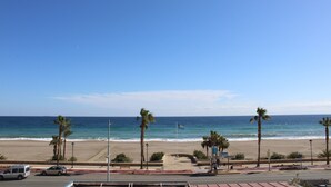 Vista de playa con palmeras, una carretera y cielo despejado.